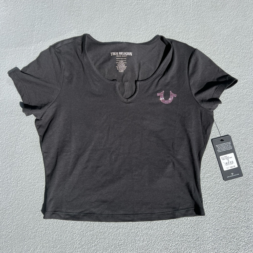True Religion Black Women's Top with Pink Rhinestones